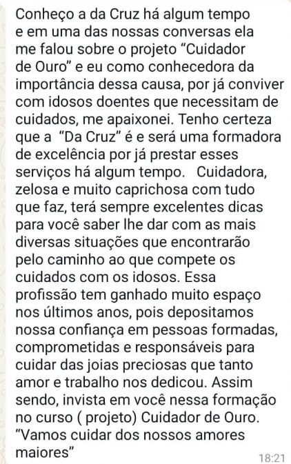 Depoimento de aluna Melri Luciana sobre o curso Cuidador de Ouro